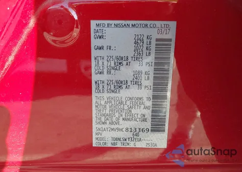 2017 Nissan Rogue Sl from USA, damaged, VIN 5N1AT2MV9HC813369